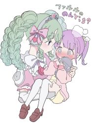 Rule 34 | 2girls, blunt bangs, blush, bow, brown footwear, cardigan, carrying, carrying person, colored eyelashes, cropped torso, dress, embarrassed, falulu, falulu&#039;s non, full body, green hair, green scrunchie, grey eyes, hair bow, hair ornament, hair scrunchie, hashtag-only commentary, headphones, highres, idol clothes, loafers, long hair, long sleeves, looking at another, manaka non, multiple girls, open mouth, paprika private academy school uniform, pink bow, pink cardigan, pink dress, pretty series, princess carry, pripara, puffy short sleeves, puffy sleeves, purple hair, ranirani (syohousen8), school uniform, scrunchie, shoes, short dress, short hair, short sleeves, side ponytail, sidelocks, simple background, tiara, translation request, twintails, white background, white bow, yellow dress