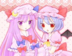 Rule 34 | 2girls, ascot, bat wings, blouse, blue hair, blush, bow, brooch, capelet, crescent, ena228, ena (ena228), eyes visible through hair, fang, female focus, frilled shirt, frills, hair bow, hands in opposite sleeves, hat, heart, holding hands, jewelry, lace, long hair, looking at viewer, mob cap, multiple girls, open mouth, outline, patchouli knowledge, pink background, pink shirt, puffy short sleeves, puffy sleeves, purple eyes, purple hair, red eyes, remilia scarlet, shirt, short hair, short sleeves, touhou, very long hair, wings, yellow ascot