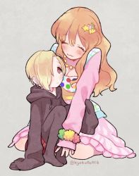 Rule 34 | 10s, 2girls, :3, ^ ^, age difference, artist name, asymmetrical hair, black legwear, blonde hair, blush, breasts, brown hair, cleavage, closed eyes, ear piercing, eye contact, eyebrows, closed eyes, frilled skirt, frills, grey background, hair ornament, hair over one eye, hands in opposite sleeves, height difference, hood, hood down, hoodie, idolmaster, idolmaster cinderella girls, jewelry, kyo (kyokuto016), long hair, long sleeves, looking at another, moroboshi kirari, multiple girls, necklace, on floor, pantyhose, piercing, pleated skirt, polka dot, red skirt, shirasaka koume, short hair, simple background, sitting, skirt, sleeves past wrists, twitter username, wariza