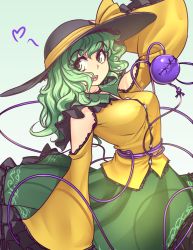 Rule 34 | 1girl, :d, adapted costume, arm up, bare shoulders, black hat, bow, breasts, clothing cutout, commentary, cowboy shot, english commentary, frilled shirt collar, frills, gradient background, green background, green eyes, green hair, green skirt, hat, hat bow, hater (hatater), heart, komeiji koishi, large breasts, long hair, long sleeves, looking at viewer, open mouth, petticoat, shirt, shoulder cutout, skirt, sleeves past wrists, smile, solo, standing, stitches, third eye, touhou, wavy hair, white background, wide sleeves, yellow bow, yellow shirt