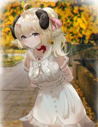 Rule 34 | 1girl, absurdres, ahoge, animal ears, arms behind back, blonde hair, blurry, blurry background, blush, bow, bowtie, casual, cowboy shot, day, hair ornament, hair ribbon, hairclip, highres, hololive, horns, kabedoru, long hair, looking at viewer, neck ribbon, outdoors, pink ribbon, ponytail, purple eyes, red ribbon, ribbon, sailor collar, sheep ears, sheep horns, smile, solo, standing, tsunomaki watame, tsunomaki watame (street casual), virtual youtuber