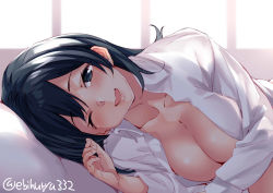 Rule 34 | 1girl, blue eyes, blue hair, blush, breasts, cleavage, collarbone, commentary request, ebifurya, indoors, kantai collection, large breasts, long sleeves, looking at viewer, lying, naked shirt, no bra, one eye closed, open clothes, open mouth, open shirt, pillow, shirt, short hair, smile, solo, souryuu (kancolle), twitter username