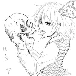 Rule 34 | 1girl, 370ml, bone, character name, check translation, from side, greyscale, hair ribbon, holding, kiss, looking at viewer, monochrome, open mouth, ribbon, rumia, saliva, saliva trail, short hair, simple background, sketch, skull, solo, tongue, tongue out, touhou, translation request, upper body, white background