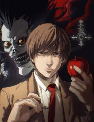 Rule 34 | 2boys, apple, brown hair, brown jacket, clmbo, closed mouth, collared shirt, colored sclera, cross, death note, demon, fang, fangs, fingernails, food, fruit, hair between eyes, heterochromia, highres, holding, holding food, jacket, lips, long sleeves, looking at viewer, male focus, monster, multiple boys, necktie, pen, red eyes, red neckwear, ryuk, school uniform, serious, sharp teeth, shirt, short hair, sleeves past elbows, teeth, white shirt, yagami light, yellow sclera