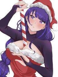 Rule 34 | 1girl, alternate costume, artist name, bbykartal, braid, breasts, candy, candy cane, closed mouth, food, genshin impact, hat, highres, holding, holding food, human scabbard, large breasts, low-braided long hair, low-tied long hair, mole, mole under eye, nail polish, purple eyes, purple hair, purple nails, raiden shogun, santa costume, santa hat, solo, white background