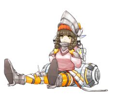 Rule 34 | 1girl, armored boots, black shorts, boots, braid, braided ponytail, breasts, brown hair, chime (nikke), closed mouth, goddess of victory: nikke, green eyes, helmet, hitonoma (hito noma), orange thighhighs, pink sweater, shirt, shorts, simple background, sitting, sleeveless, sleeveless sweater, small breasts, smile, solo, sweater, thighhighs, white background, white shirt