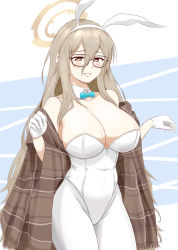 Rule 34 | 1girl, akane (blue archive), akane (bunny) (blue archive), animal ears, aqua bow, aqua bowtie, bare shoulders, black-framed eyewear, blue archive, blush, bow, bowtie, breasts, brown eyes, brown hair, cleavage, collarbone, detached collar, fake animal ears, glasses, gloves, hair between eyes, halo, highres, large breasts, leotard, long hair, looking at viewer, pantyhose, playboy bunny, rabbit ears, smile, solo, viperxtr, white gloves, white leotard, white pantyhose