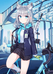 Rule 34 | 1girl, absurdres, animal ear fluff, animal ears, arm support, assault rifle, bag, bicycle, black bag, black skirt, blue archive, blue eyes, blue jacket, blue necktie, blue scarf, breast pocket, city, closed mouth, cross hair ornament, day, extra ears, foot out of frame, foot up, gloves, green gloves, grey hair, gun, hair ornament, halo, highres, id card, jacket, long sleeves, medium hair, mismatched pupils, necktie, open clothes, open jacket, outdoors, plaid, plaid skirt, pleated skirt, pocket, rifle, scarf, school bag, school uniform, shiroko (blue archive), shirt, shirt tucked in, shoes, shyaka, sig sauer 556, single glove, skirt, sneakers, socks, solo, standing, weapon, white shirt, white socks, wolf ears