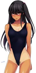 Rule 34 | 1girl, arms behind back, bad id, bad pixiv id, black hair, black one-piece swimsuit, blush, breasts, competition swimsuit, cowboy shot, female pubic hair, hair bobbles, hair ornament, highleg, highleg swimsuit, highres, hiromin, looking at viewer, one-piece swimsuit, one-piece tan, original, pubic hair, simple background, solo, swimsuit, tan, tanline, twitter username, two side up, white background, yellow eyes