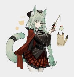 Rule 34 | 1girl, :3, absurdres, animal ear fluff, animal ears, arknights, black jacket, black necktie, blunt bangs, braid, braided ponytail, cape, cat, cat ears, cat girl, cat tail, cat teaser, collared shirt, cropped legs, frilled skirt, frills, green eyes, green hair, harmonie (arknights), highres, holding, holding toy, jacket, long hair, long sleeves, merry-san, motion lines, necktie, plaid, plaid skirt, red cape, red skirt, shirt, simple background, skirt, smile, solo, tail, toy, white background, white shirt