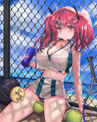 Rule 34 | 1girl, absurdres, azur lane, bare shoulders, bottle, bow, breasts, bremerton (azur lane), bremerton (scorching-hot training) (azur lane), chain-link fence, cleavage, commentary request, crop top, crop top overhang, fence, grey hair, hair between eyes, hair bow, hair ornament, hairclip, heart, heart necklace, highres, holding, holding racket, jewelry, large breasts, long hair, looking at viewer, manjuu (azur lane), multicolored hair, navel, necklace, pink hair, racket, smile, solaris (sinhyg), sportswear, streaked hair, tennis racket, tennis uniform, twintails, two-tone hair, two-tone shirt, two-tone skirt, water bottle, x hair ornament