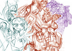 Rule 34 | 3girls, android, arm cannon, autobot, cannon, dark persona, decepticon, gun, humanoid robot, kamizono (spookyhouse), limited palette, little helper (tflh), machine, machinery, mecha, megatron, multiple boys, multiple girls, open mouth, optimus prime, original, personification, pointing, pointing at viewer, robot, science fiction, sketch, transformers, weapon