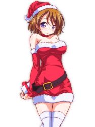 Rule 34 | 10s, 1girl, arms behind back, belt, blue eyes, blush, breasts, brown hair, choker, closed mouth, cowboy shot, detached sleeves, dress, gift, hat, holding, holding gift, kikuchi tsutomu, koizumi hanayo, looking at viewer, love live!, love live! school idol project, medium breasts, red dress, red hat, santa costume, santa dress, santa hat, short dress, short hair, simple background, smile, solo, standing, strapless, strapless dress, swept bangs, thighhighs, white background, white thighhighs