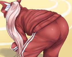 Rule 34 | 1girl, absurdres, alternate costume, ass, bent over, bow, from behind, fujiwara no mokou, gym uniform, hair bow, highres, jacket, long hair, outdoors, pants, pantylines, pink hair, ponytail, red bow, red pants, ren (repps), solo, touhou, track jacket, track pants, track suit
