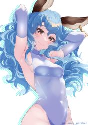 Rule 34 | 1girl, absurdres, animal ears, armpits, arms behind head, bare shoulders, blue hair, blue leotard, blush, breasts, closed mouth, covered erect nipples, covered navel, detached sleeves, ear piercing, elbow gloves, erune, ferry (granblue fantasy), gloves, granblue fantasy, groin, hand in own hair, highleg, highres, inuinuo gataken, leotard, long hair, looking at viewer, piercing, presenting, presenting armpit, sand, shaded face, sideboob, simple background, skin tight, skindentation, smile, solo, twitter username, white background, yellow eyes
