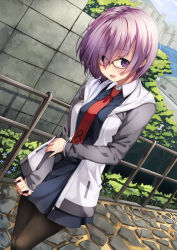 Rule 34 | 1girl, black-framed eyewear, black dress, black pantyhose, blush, day, dress, dutch angle, fate/grand order, fate (series), glasses, hair over one eye, highres, hood, hoodie, looking at viewer, mash kyrielight, necktie, open clothes, open hoodie, open mouth, outdoors, pantyhose, path, purple eyes, purple hair, railing, red necktie, road, short hair, smile, solo, standing, thighs, unasaka ryou