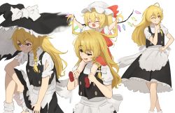 Rule 34 | 2girls, absurdres, apron, black headwear, black skirt, black vest, blonde hair, blush, braid, commentary request, esthoric, fang, flandre scarlet, frilled apron, frilled hat, frills, grin, hair ribbon, hand on own hip, happy, hat, highres, kirisame marisa, long hair, looking at viewer, mob cap, multiple girls, one eye closed, one side up, open mouth, puffy short sleeves, puffy sleeves, red footwear, ribbon, short sleeves, single braid, skin fang, skirt, smile, sweatdrop, torn clothes, torn sleeves, touhou, tress ribbon, uneven eyes, vest, waist apron, white apron, white ribbon, witch hat
