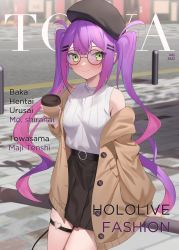 Rule 34 | 1girl, beret, black hat, black skirt, blush, breasts, brown cardigan, cardigan, closed mouth, colored inner hair, cover, cowboy shot, cup, fake cover, glasses, green eyes, hair ornament, hairclip, hat, highres, holding, holding cup, hololive, jmao, long hair, looking at viewer, magazine cover, multicolored hair, multicolored nails, nail polish, o-ring, o-ring thigh strap, open cardigan, open clothes, pink hair, pleated skirt, pointy ears, purple hair, romaji text, round eyewear, shirt, skirt, sleeveless, sleeveless shirt, solo, thigh strap, tokoyami towa, twintails, very long hair, virtual youtuber, white shirt
