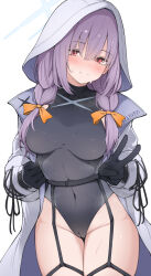 Rule 34 | 1girl, atsuko (blue archive), black gloves, blue archive, blush, bow, braid, breasts, cameltoe, closed mouth, covered navel, gloves, hair bow, halo, head tilt, highres, hood, hood up, jacket, large breasts, looking at viewer, orange bow, purple hair, red eyes, revision, simple background, smile, solo, sweat, thigh gap, thighs, twin braids, v, white background, white hood, white jacket, yuukun mk-ii