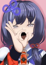 Rule 34 | 1girl, black hair, blue hair, blue jacket, blue neckerchief, blue sailor collar, character name, fellatio gesture, gradient eyes, grey eyes, hair between eyes, hair ornament, hair over shoulder, highres, hot sauce, jacket, long hair, long sleeves, looking at viewer, low twintails, multicolored eyes, multicolored hair, napo sawada, neckerchief, nijisanji, open clothes, open jacket, open mouth, pink eyes, pom pom (clothes), ponto nei, sailor collar, school uniform, sexually suggestive, shirt, solo, streaked hair, tongue, tongue out, twintails, upper body, virtual youtuber, white shirt
