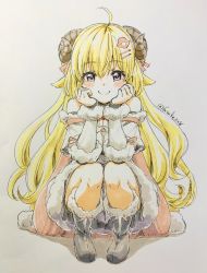 Rule 34 | 1girl, ahoge, animal ears, black footwear, blonde hair, blush, blush stickers, boots, breasts, cape, closed mouth, commentary, detached sleeves, dress, eyelashes, full body, fur-trimmed boots, fur-trimmed dress, fur-trimmed sleeves, fur trim, fuusuke (fusuke208), hair between eyes, hair ornament, hairclip, hands on own cheeks, hands on own face, highres, hololive, horns, long hair, looking at viewer, medium breasts, photo (medium), purple eyes, sheep ears, sheep horns, simple background, smile, solo, squatting, traditional media, tsunomaki watame, tsunomaki watame (1st costume), twitter username, virtual youtuber, white background, white dress, wool