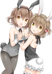 10s 2girls :o animal_ears bad_id bad_pixiv_id bare_shoulders blush brown_hair rabbit_ears rabbit_tail detached_collar fake_animal_ears fang fishnet_pantyhose fishnets frilled_shorts frills hair_ornament hairclip holding_hands ikazuchi_(kancolle) inazuma_(kancolle) interlocked_fingers kantai_collection leotard looking_at_viewer multiple_girls open_mouth pantyhose playboy_bunny short_hair shorts simple_background tail wataame27 white_background wrist_cuffs