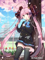 Rule 34 | 10s, 1girl, ahoge, alternate costume, ange vierge, bad id, bad pixiv id, blazer, blush, bow, cherry blossoms, demon horns, fence, flower, hair bow, hair ornament, highres, horns, huge ahoge, jacket, long hair, long sleeves, looking at viewer, pink eyes, pink hair, pleated skirt, sakuragi ren, skirt, solo, sophina, thighhighs, tongue, tongue out, tree, tulip, twintails, very long hair, zettai ryouiki