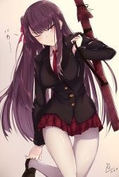 Rule 34 | 1girl, absurdres, alternate costume, artist name, black footwear, blazer, blouse, blush, breasts, closed mouth, collared shirt, dated, dressing, girls&#039; frontline, hair ribbon, hand up, highres, jacket, knees together feet apart, loafers, long hair, looking at viewer, medium breasts, miniskirt, necktie, one side up, pantyhose, plaid, plaid skirt, pleated skirt, purple hair, purple ribbon, red eyes, red necktie, ribbon, shirt, shoes, signature, simple background, skirt, solo, standing, standing on one leg, thigh gap, thighs, tsundere, tsurime, unmoving pattern, very long hair, wa2000 (girls&#039; frontline), white background, white pantyhose, white shirt, zhishi ge fangzhang