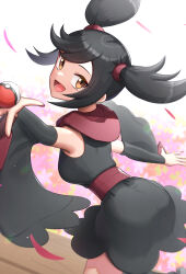 Rule 34 | 1girl, :d, bare shoulders, black hair, black kimono, brown eyes, commentary request, creatures (company), detached sleeves, furisode girl (pokemon), furisode girl kali, game freak, gonzarez, highres, holding, holding poke ball, japanese clothes, kimono, looking at viewer, lower teeth only, nintendo, open mouth, poke ball, poke ball (basic), pokemon, pokemon xy, red sash, sash, smile, solo, swept bangs, teeth, tongue, twintails, wide sleeves