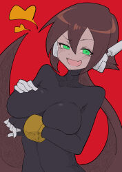 Rule 34 | 1girl, absurdres, aile (mega man zx), arm under breasts, black bodysuit, blush, bodysuit, breasts, brown hair, buzzlyears, covered collarbone, covered navel, fang, green eyes, hand on own chest, heart, highres, large breasts, long hair, looking at viewer, mega man (series), mega man zx, mega man zx advent, ponytail, red background, robot ears, smug, solo, sweat