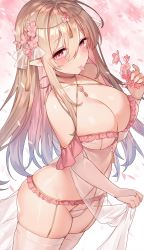 Rule 34 | 1girl, bare shoulders, blonde hair, blush, breasts, bridal gauntlets, cherry blossoms, cleavage, clothes lift, collarbone, cowboy shot, curvy, elf, flower, frilled garter belt, frills, garter belt, groin, hair between eyes, hair flower, hair ornament, halterneck, highres, holding, holding flower, large breasts, long hair, looking at viewer, mouth hold, navel, original, pelvic curtain, pelvic curtain lift, pink eyes, pink flower, pointy ears, revealing clothes, see-through, simple background, skindentation, solo, sora 72-iro, thick thighs, thighhighs, thighs, white background, white thighhighs