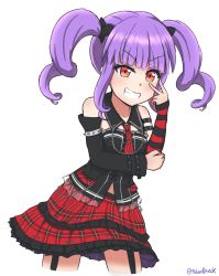 Rule 34 | 1girl, bang dream!, blunt bangs, chain, closed mouth, dress, grin, hairband, hand on own elbow, highres, long sleeves, looking at viewer, nan0teck, necktie, off shoulder, plaid, plaid skirt, purple hair, red eyes, red necktie, simple background, skirt, smile, smug, solo, standing, twintails, twitter username, udagawa ako, upper body, v, v-shaped eyebrows, white background