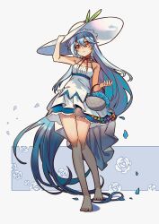 Rule 34 | 1girl, absurdly long hair, alternate costume, arm up, bare arms, bare legs, bare shoulders, barefoot, basket, blue flower, blue hair, blue rose, blue skirt, closed mouth, commentary request, dress, expressionless, flower, full body, hand on headwear, hat, highres, hinanawi tenshi, long hair, looking at viewer, red eyes, rose, skirt, sleeveless, sleeveless dress, solo, sundress, touhou, very long hair, white dress, white hat, yayin (yayin233)