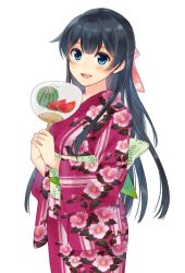Rule 34 | 10s, 1girl, agano (kancolle), bad id, bad twitter id, black hair, blue eyes, camellia, camellia print, floral print, flower, food, food print, fruit, hand fan, ichinomiya (blantte), japanese clothes, kantai collection, kimono, long hair, looking at viewer, open mouth, paper fan, red kimono, simple background, smile, solo, uchiwa, watermelon, watermelon print, white background, wide sleeves, yukata