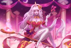 Rule 34 | 1girl, alternate costume, blush, breasts, cleavage, colored skin, crescent moon, detached collar, detached sleeves, dress, gloves, gumae, hair ornament, heart, heart hair ornament, high heels, horns, large breasts, league of legends, lipstick, long hair, looking at viewer, low-tied long hair, makeup, moon, pillar, pointy ears, puffy short sleeves, puffy sleeves, purple skin, ribbon, short dress, short sleeves, silver hair, single horn, smile, solo, soraka (league of legends), staff, thighhighs, very long hair, white gloves