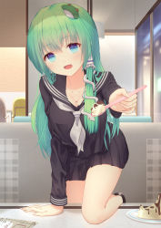 Rule 34 | 1girl, :d, absurdres, black shirt, black skirt, blue eyes, blush, breasts, cleavage, collarbone, commentary request, food, frilled hair tubes, frills, frog hair ornament, green hair, hair ornament, hair tubes, highres, holding, holding spoon, incoming food, indoors, kochiya sanae, large breasts, long hair, long sleeves, looking at viewer, neckerchief, on one knee, open mouth, pleated skirt, pov, pudding, raimeso235, sailor collar, shirt, sidelocks, skirt, smile, snake hair ornament, solo, spoon, table, touhou, very long hair, white neckerchief