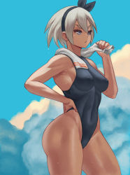 Rule 34 | 1girl, bea (pokemon), black hair, black one-piece swimsuit, blonde hair, blue eyes, blue sky, cloud, covered erect nipples, creatures (company), dark-skinned female, dark skin, game freak, hairband, hand on own hip, highres, muscular, muscular female, nintendo, one-piece swimsuit, pokemon, pokemon swsh, short hair, sky, solo, swimsuit, thick thighs, thighs, toned, towel, zefrableu