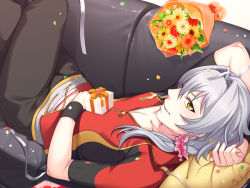 Rule 34 | 10s, 1boy, arm behind head, bouquet, couch, flower, gift, highres, idolmaster, idolmaster side-m, kizaki ren, looking at viewer, lying, male focus, mikapoe, on back, pillow, scrunchie, silver hair, smile, solo, yellow eyes, zipper