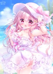 Rule 34 | 1girl, armpits, bare shoulders, blush, breasts, chiika (cure cherish), cleavage, collarbone, dress, frilled dress, frilled skirt, frills, hair between eyes, hair ornament, hairpin, hand up, hat, holding, holding clothes, holding hat, lace, lace-trimmed skirt, lace skirt, lace trim, large breasts, long hair, looking at viewer, looking to the side, no bra, open mouth, original, pink dress, pink eyes, pink hair, pink hat, pink ribbon, ribbon, see-through, see-through dress, skirt, sleeveless, smile, summer, sundress, thighs, tia (chiika cure cherish), two side up, very long hair, water drop, white dress, white ribbon, wind, wind lift, wrinkled fabric