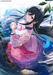 Rule 34 | 1girl, black hair, boku no kanojo wa ningyohime!?, breasts, colored inner hair, commentary request, highres, koma ion, korean clothes, large breasts, leaf, long hair, long sleeves, looking at viewer, mermaid, monster girl, multicolored hair, official art, own hands clasped, own hands together, pink skirt, red eyes, shirt, shnva, sidelocks, skirt, solo, two-tone hair, very long hair, water, wet, wet clothes, white hair, white shirt