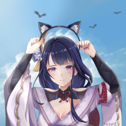 Rule 34 | 1girl, absurdres, animal ear fluff, animal ears, artist name, bird, blush, braid, breasts, cat ears, cleavage, closed mouth, cloud, cloudy sky, commentary, day, english commentary, eyeliner, fake animal ears, flower, genshin impact, hair ornament, highres, holding hairband, japanese clothes, kimono, kitsun8, large breasts, long hair, long sleeves, looking at viewer, makeup, mole, mole under eye, nail polish, purple eyes, purple flower, purple hair, purple nails, raiden shogun, ribbon, simple background, sky, solo, tassel, wide sleeves