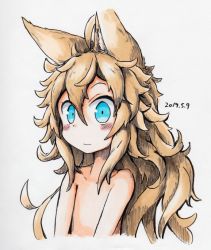 Rule 34 | 1girl, ahoge, animal ear fluff, animal ears, blue eyes, blush, closed mouth, collarbone, dated, flat chest, fox ears, fox girl, hair between eyes, kazekiri, light brown hair, long hair, looking at viewer, original, portrait, simple background, smile, solo, topless, traditional media, very long hair, white background