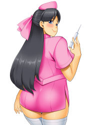 Rule 34 | 1girl, ass, kawanuma uotsuri, long hair, looking back, nurse, saionji haruka, smile, solo, syringe