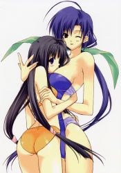Rule 34 | 1990s (style), 2girls, ;d, absurdres, ahoge, arm grab, ass, back, bare shoulders, bikini, black hair, blue eyes, blue hair, blush, breast smother, breasts, brown eyes, casual one-piece swimsuit, earrings, embarrassed, face to breasts, flat chest, from behind, hair ornament, hair ribbon, hairclip, highres, hug, jewelry, kimishima nana, kinoshita takako, large breasts, long hair, looking back, multiple girls, one-piece swimsuit, one eye closed, open mouth, orange eyes, pia carrot (series), pia carrot e youkoso!!, pia carrot e youkoso!! 3, ponytail, print swimsuit, purple eyes, retro artstyle, ribbon, scan, scrunchie, simple background, smile, suzuhira hiro, swimsuit, thigh gap, twintails, very long hair, wink, yuri