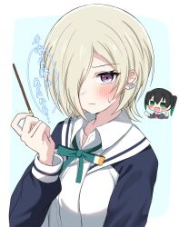 2girls black_hair black_jacket blonde_hair blue_background blue_jacket blush border chibi chibi_inset closed_mouth collarbone collared_shirt commentary_request ear_piercing food gradient_hair green_eyes green_ribbon hair_between_eyes hair_over_one_eye hand_up highres holding holding_food jacket katanashi_(ktnsh_popu) letterman_jacket long_sleeves looking_at_viewer love_live! love_live!_nijigasaki_high_school_idol_club mia_taylor multicolored_hair multiple_girls neck_ribbon nijigasaki_school_uniform one_eye_covered open_clothes open_jacket open_mouth piercing pocky pocky_day purple_eyes ribbon school_uniform shirt short_hair simple_background solo_focus sweatdrop takasaki_yu translation_request twintails white_border white_jacket white_shirt winter_uniform