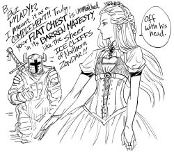 Rule 34 | 1boy, 1girl, armor, bb (baalbuddy), braid, closed mouth, crown, dress, english text, fake horns, fantasy, flat chest, flying sweatdrops, french braid, full armor, greyscale, helmet, highres, horned helmet, horns, knight, long dress, long hair, monochrome, on one knee, original, parted lips, profile, puffy short sleeves, puffy sleeves, short sleeves, sword, tabard, underbust, weapon