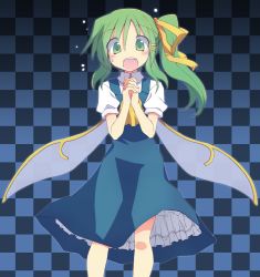 Rule 34 | 1girl, checkered background, daiyousei, dress, green eyes, green hair, hair ornament, hair ribbon, hairclip, long hair, matching hair/eyes, open mouth, own hands clasped, own hands together, ribbon, satou kibi, side ponytail, solo, sweatdrop, touhou, wings