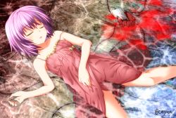 Rule 34 | 1girl, bad id, bad pixiv id, bare arms, bare shoulders, blood, broken, broken weapon, collarbone, closed eyes, impaled, knife, komeiji satori, lying, nightgown, off shoulder, on back, purple hair, solo, strap slip, touhou, weapon, yua (checkmate)