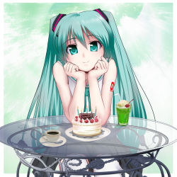 Rule 34 | 1girl, aqua eyes, aqua hair, bare shoulders, birthday, birthday cake, cake, candle, cherry, cup, drinking straw, food, fruit, glass table, hair ornament, happy birthday, hatsune miku, head rest, highres, ice cream, ice cream float, long hair, looking at viewer, ooiso shouryuu, pov across table, skirt, spoon, strawberry, table, teacup, thighhighs, twintails, very long hair, vocaloid, white thighhighs