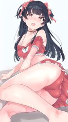 Rule 34 | 1girl, ass, bare shoulders, bikini, bikini skirt, black hair, blunt bangs, blush, bow, breasts, brown eyes, cleavage, collarbone, feet out of frame, foreshortening, frills, hair bow, highres, idolmaster, idolmaster shiny colors, kneepits, long hair, looking at viewer, lying, mayuzumi fuyuko, medium breasts, midriff, on side, open mouth, red bikini, red bow, simple background, solo, sutora binsuke, sweatdrop, swimsuit, thighs, two side up
